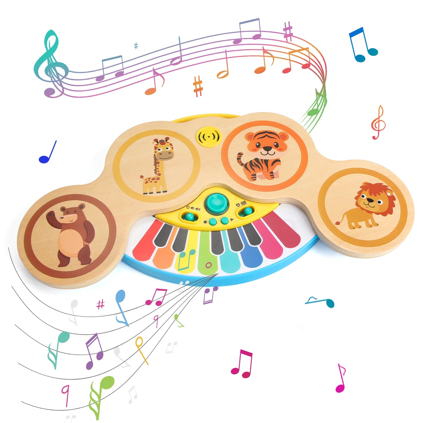 Piano Musical Éducatif en Bois – Jouet d’Éveil Interactif avec Sons d’Animaux et Percussions