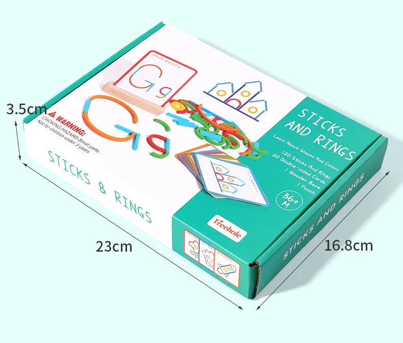 Jeu Éducatif Montessori “Sticks and Rings” – Apprentissage des Formes, Couleurs et Lettres