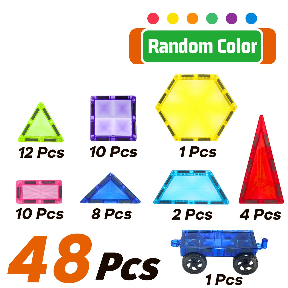 Magnetic Building Blocks 3D Montessori STEM – Set de construction avec roues 48pcs
