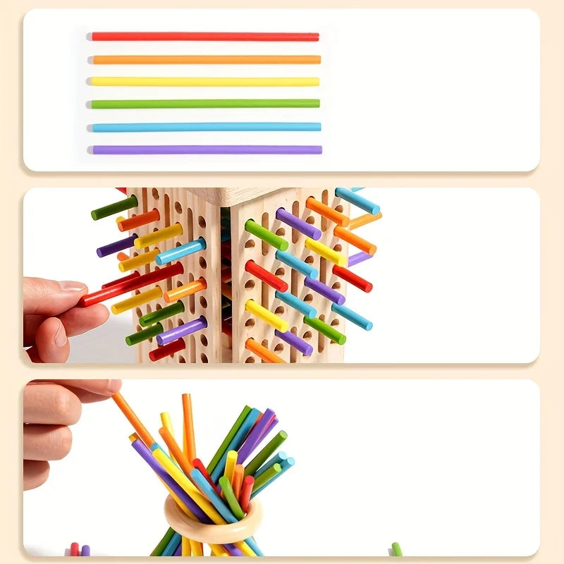 Jeu d’Adresse en Bois Montessori – Tiges Colorées et Boules de Gravité