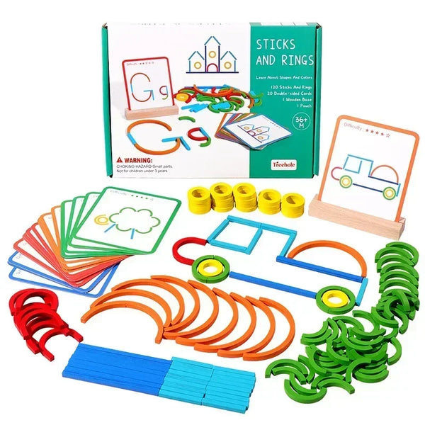 Jeu Éducatif Montessori “Sticks and Rings” – Apprentissage des Formes, Couleurs et Lettres