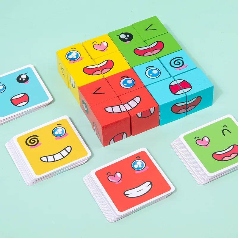 Jeu de Blocs Émotions – Cubes Expressifs Montessori en Bois