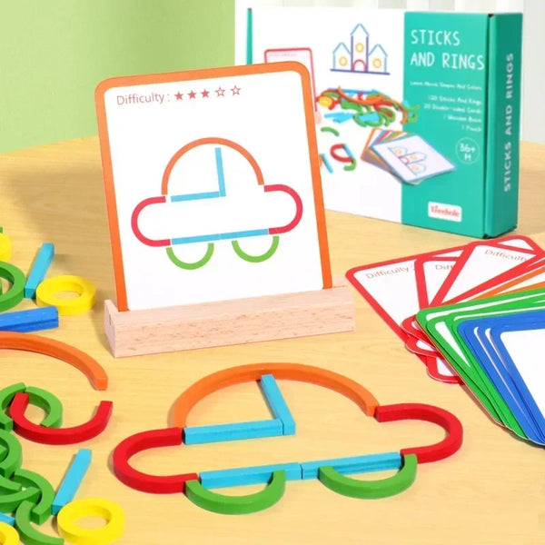 Jeu Éducatif Montessori “Sticks and Rings” – Apprentissage des Formes, Couleurs et Lettres