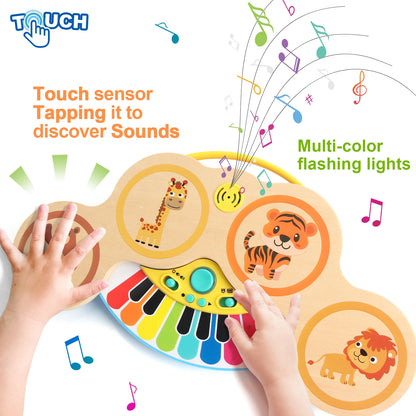 Piano Musical Éducatif en Bois – Jouet d’Éveil Interactif avec Sons d’Animaux et Percussions