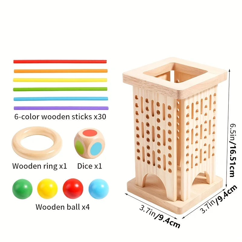 Jeu d’Adresse en Bois Montessori – Tiges Colorées et Boules de Gravité