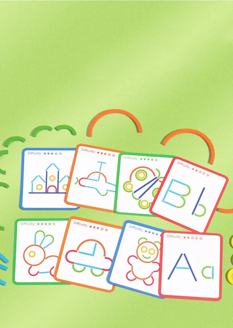 Jeu Éducatif Montessori “Sticks and Rings” – Apprentissage des Formes, Couleurs et Lettres