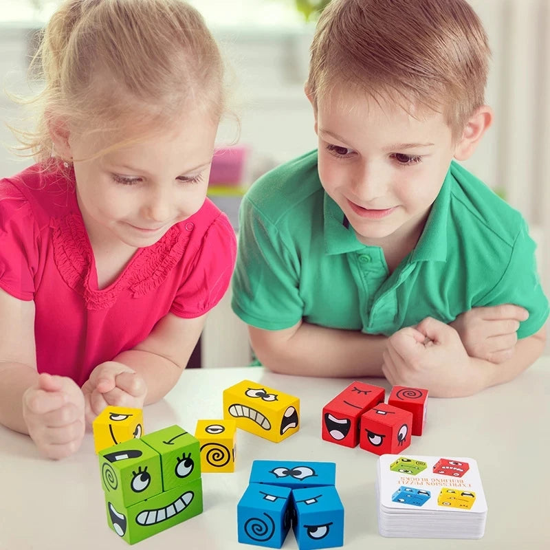 Jeu de Blocs Émotions – Cubes Expressifs Montessori en Bois