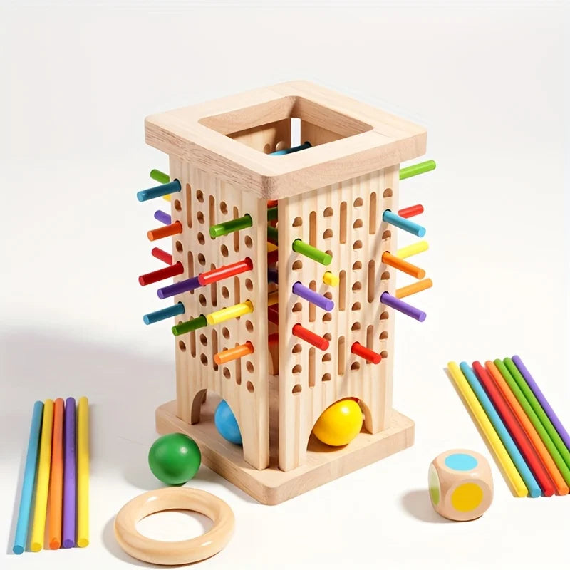 Jeu d’Adresse en Bois Montessori – Tiges Colorées et Boules de Gravité