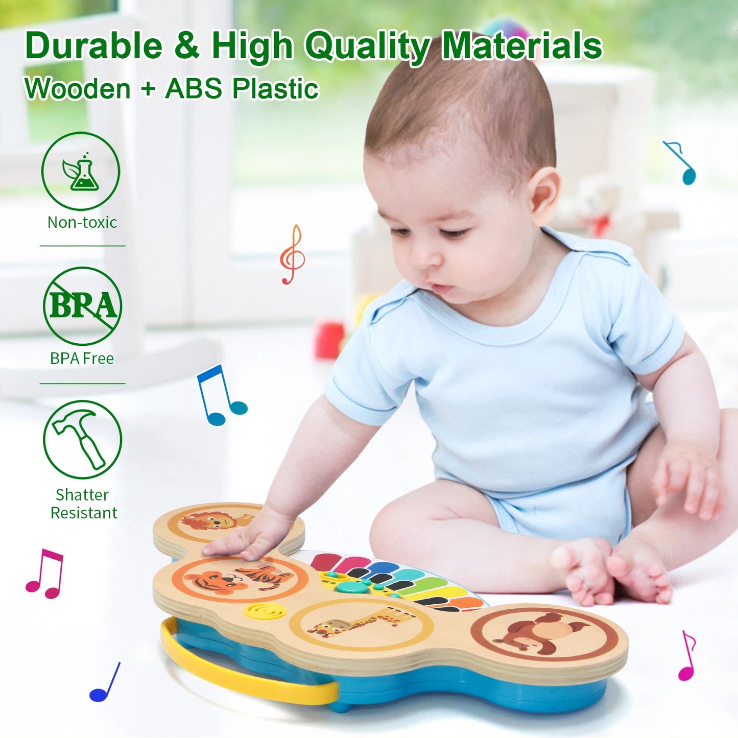 Piano Musical Éducatif en Bois – Jouet d’Éveil Interactif avec Sons d’Animaux et Percussions