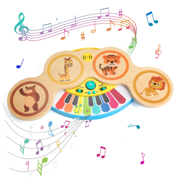 Piano Musical Éducatif en Bois – Jouet d’Éveil Interactif avec Sons d’Animaux et Percussions