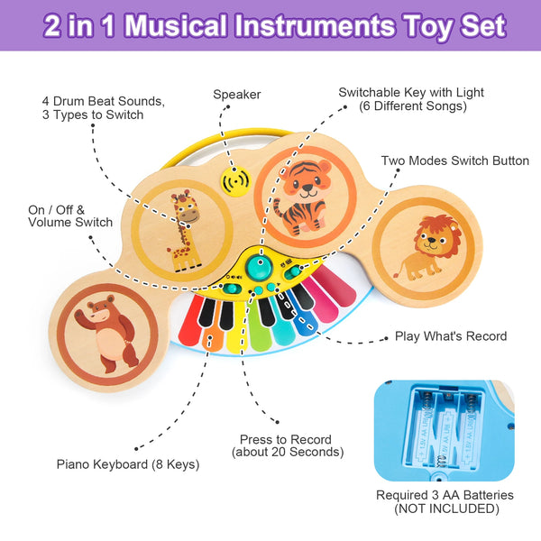 Piano Musical Éducatif en Bois – Jouet d’Éveil Interactif avec Sons d’Animaux et Percussions KIDZO