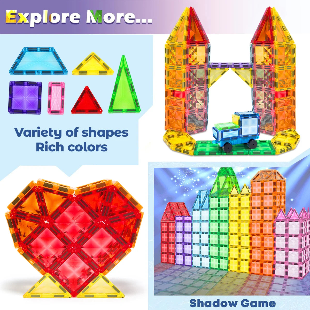 Magnetic Building Blocks 3D Montessori STEM – Set de construction avec roues 48pcs