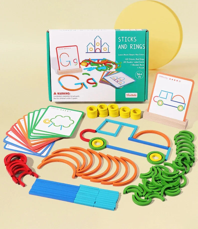 Jeu Éducatif Montessori “Sticks and Rings” – Apprentissage des Formes, Couleurs et Lettres