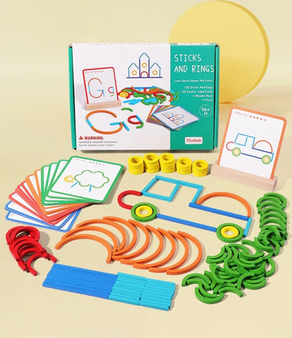 Jeu Éducatif Montessori “Sticks and Rings” – Apprentissage des Formes, Couleurs et Lettres