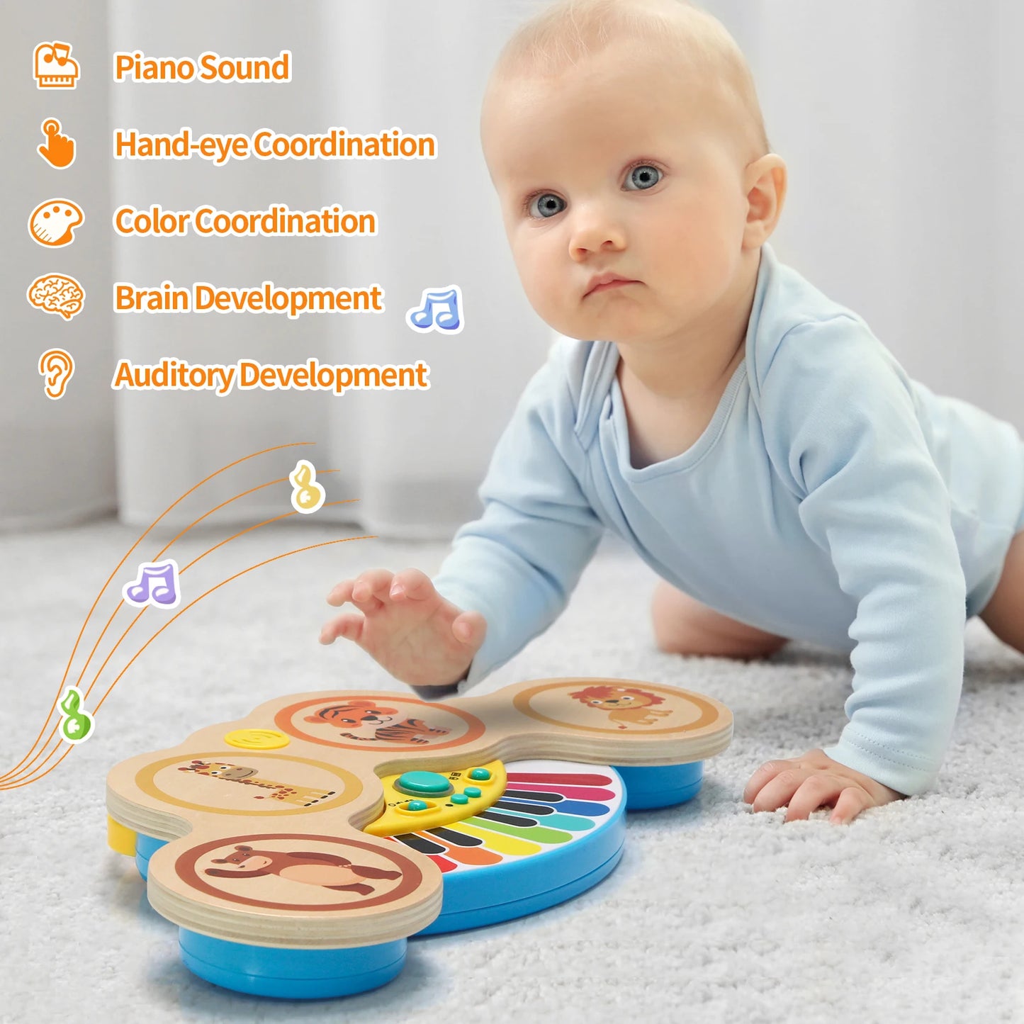 Piano Musical Éducatif en Bois – Jouet d’Éveil Interactif avec Sons d’Animaux et Percussions